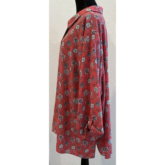 Catherines Coral Floral Button-Up Tunic Blouse 3/4 Roll Tab Sleeves Size 4X - Picture 2 of 4